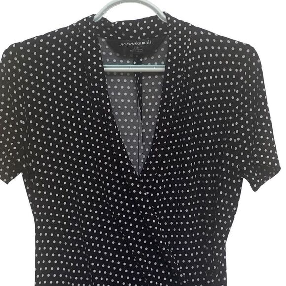 Norma Kamali Black White Polka Dot Faux Wrap Dress S Stretch Retro Style Deep V - Picture 3 of 6